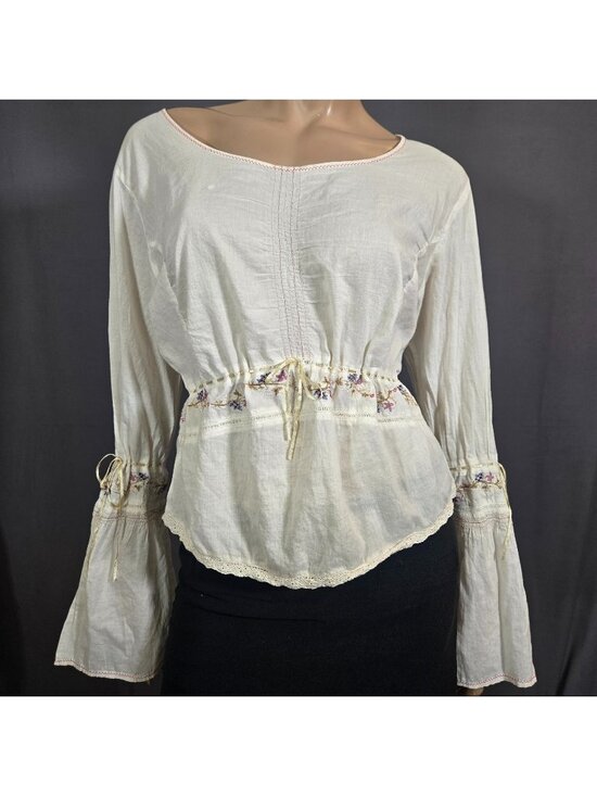 Per Una Tops - Vintage Y2K White Cotton Embroidered Blouse Top Bell Sleeves Size L Boho Fairy